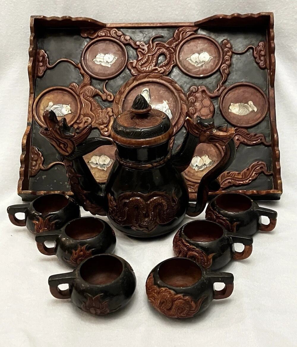 VTG Yixing Chinese Shoushan Stoneware Dragon Tea Set & Tray Mother of Pearl Rare